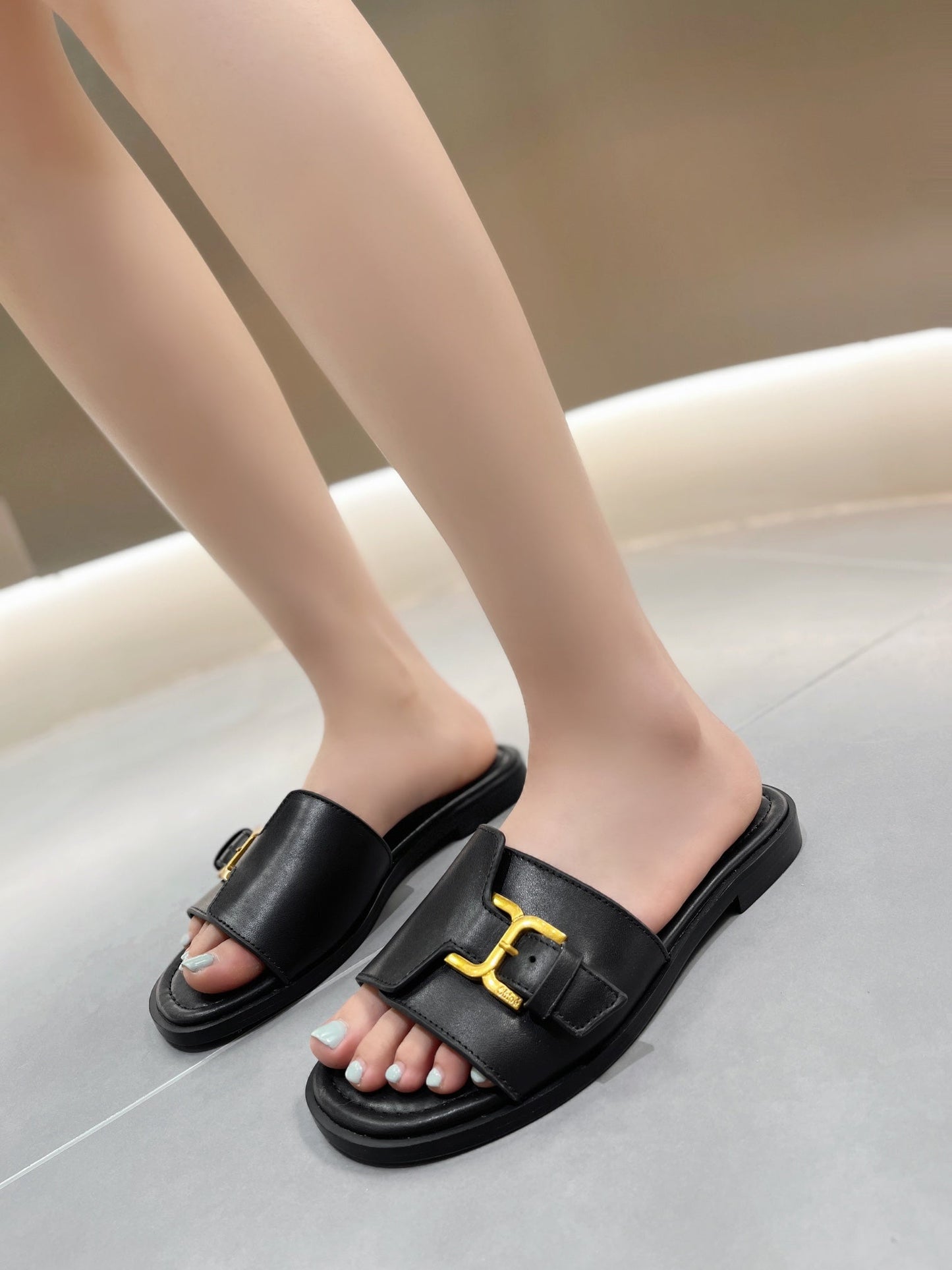 MARCIE SLIDE IN BLACK CALFSKIN WITH GOLD HARDWARE - 35