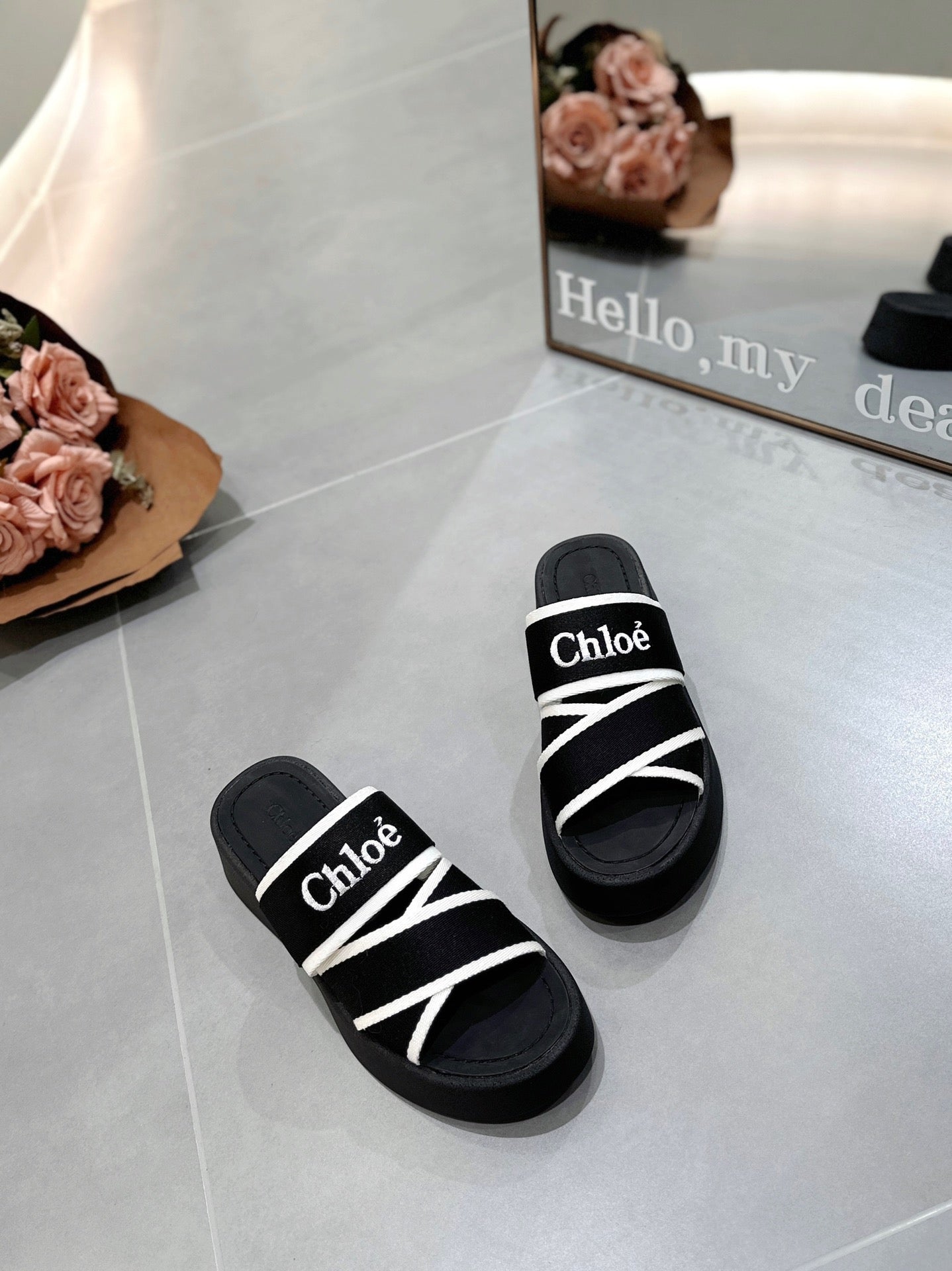 PLATFORM SANDALS IN BLACK MIX WHITE DENSITY KNIT - 35
