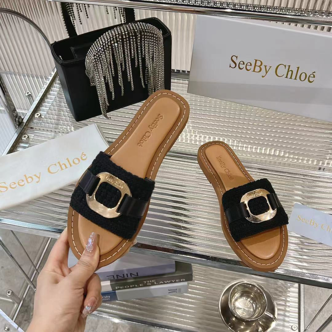 WOVEN SLIDE MULE IN BLACK WOOL AND BROWN LAMBSKIN GOLD HARDWARE - 35