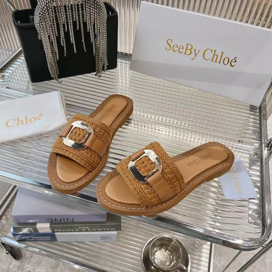 WOVEN SLIDE MULE IN RUSSET BROWN WOOL AND LAMBSKIN GOLD HARDWARE - 35