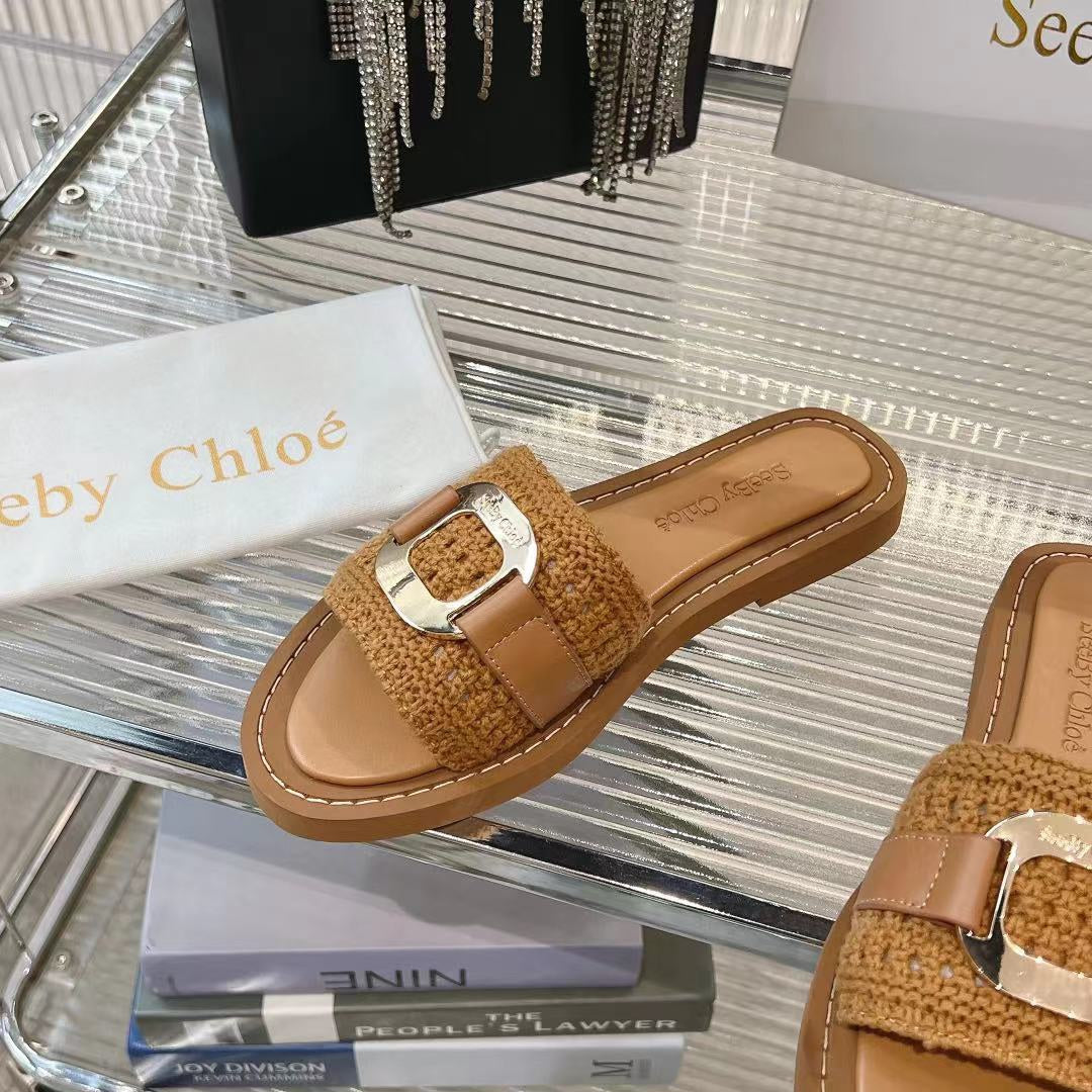 WOVEN SLIDE MULE IN RUSSET BROWN WOOL AND LAMBSKIN GOLD HARDWARE - 35