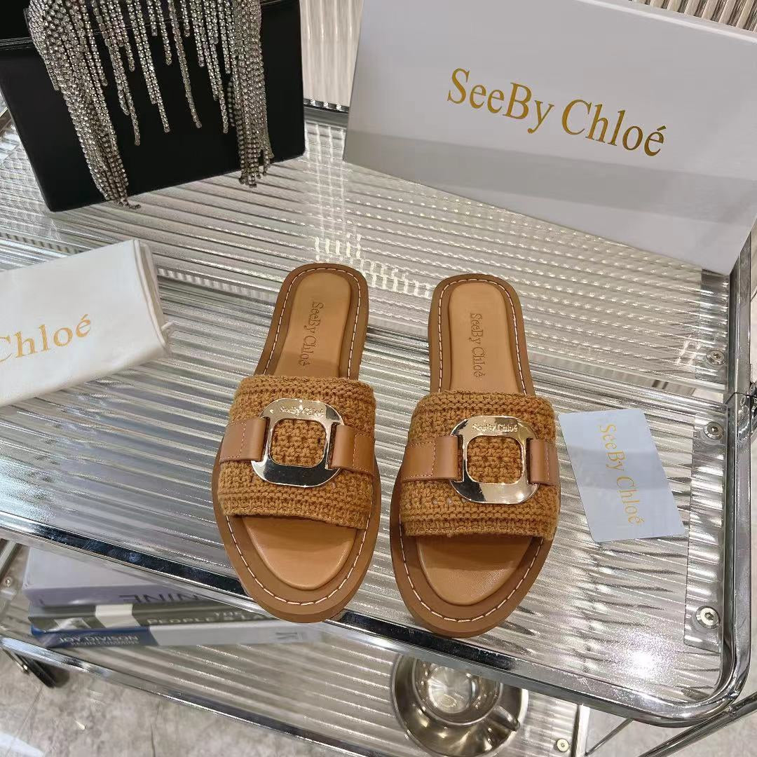 WOVEN SLIDE MULE IN RUSSET BROWN WOOL AND LAMBSKIN GOLD HARDWARE - 35