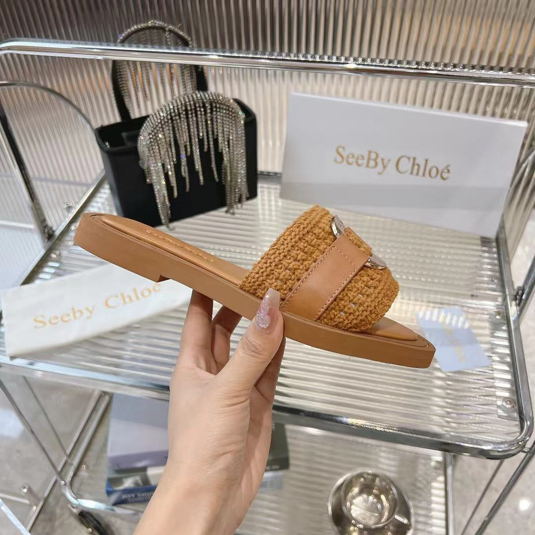 WOVEN SLIDE MULE IN RUSSET BROWN WOOL AND LAMBSKIN GOLD HARDWARE - 35
