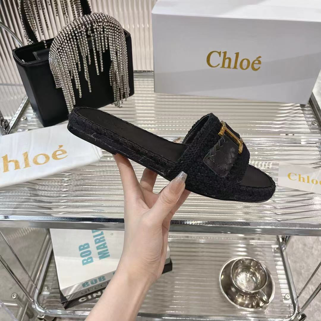 WOVEN SLIPPER IN BLACK WOOL AND LAMBSKIN GOLD HARDWARE - 35