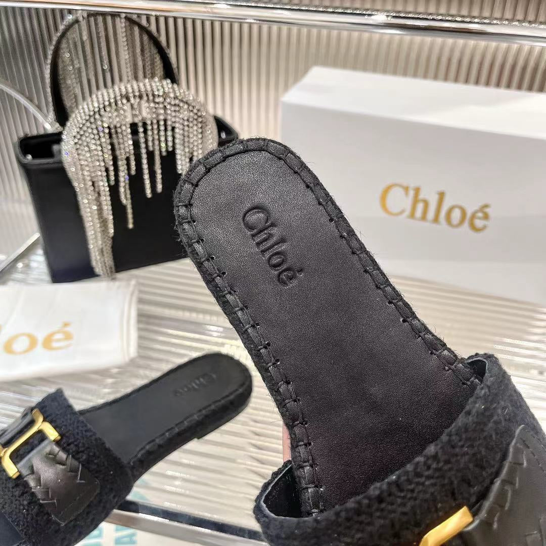 WOVEN SLIPPER IN BLACK WOOL AND LAMBSKIN GOLD HARDWARE - 35