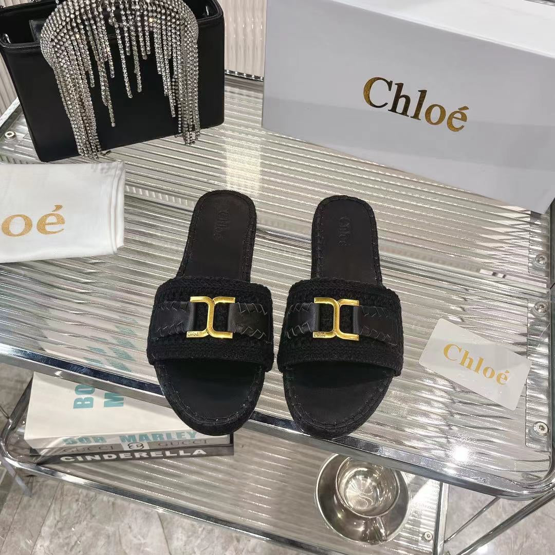 WOVEN SLIPPER IN BLACK WOOL AND LAMBSKIN GOLD HARDWARE - 35