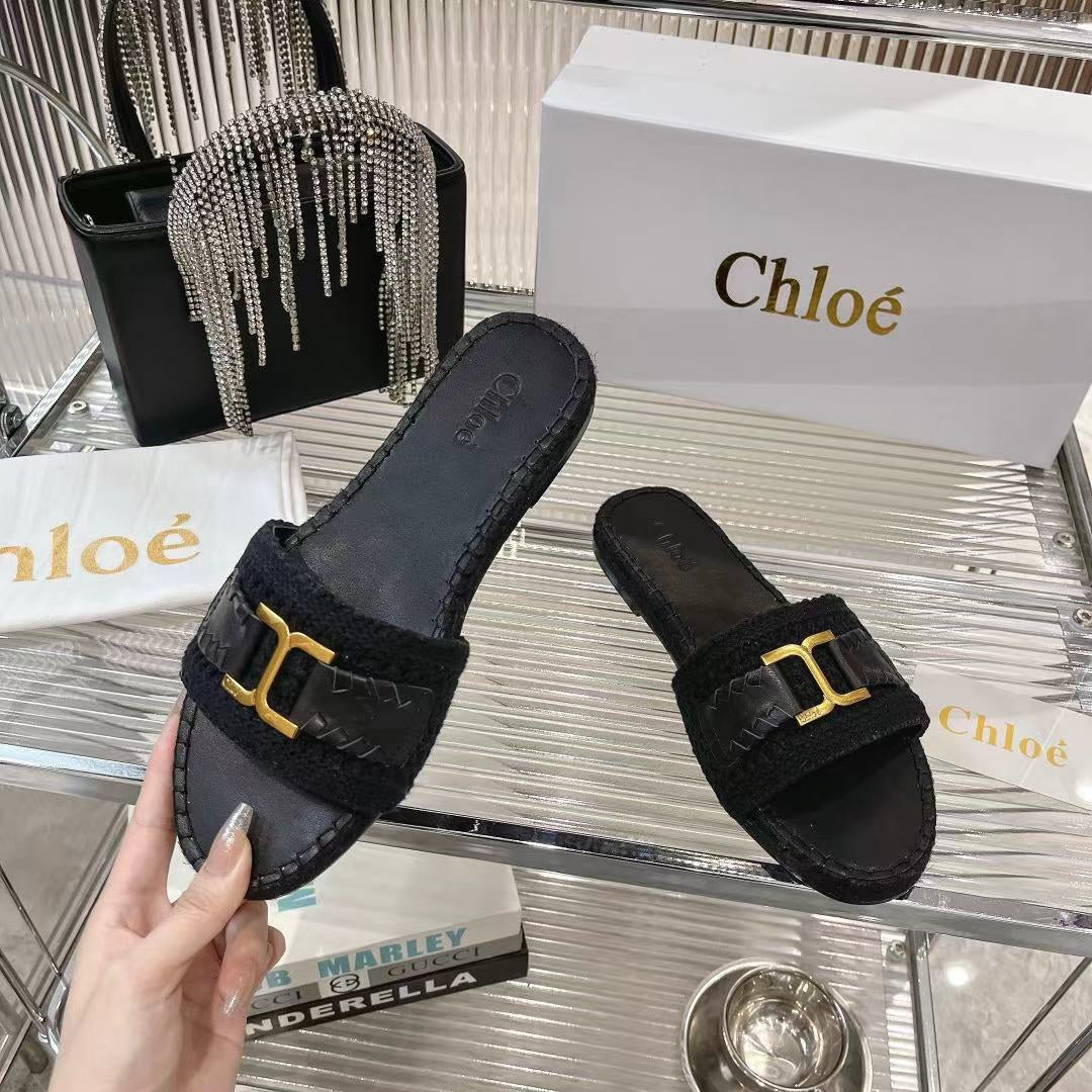 WOVEN SLIPPER IN BLACK WOOL AND LAMBSKIN GOLD HARDWARE - 35