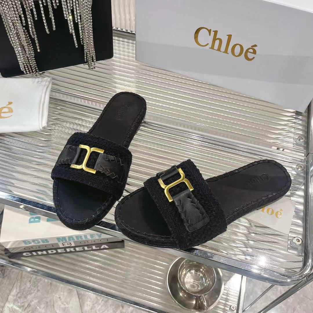 WOVEN SLIPPER IN BLACK WOOL AND LAMBSKIN GOLD HARDWARE - 35