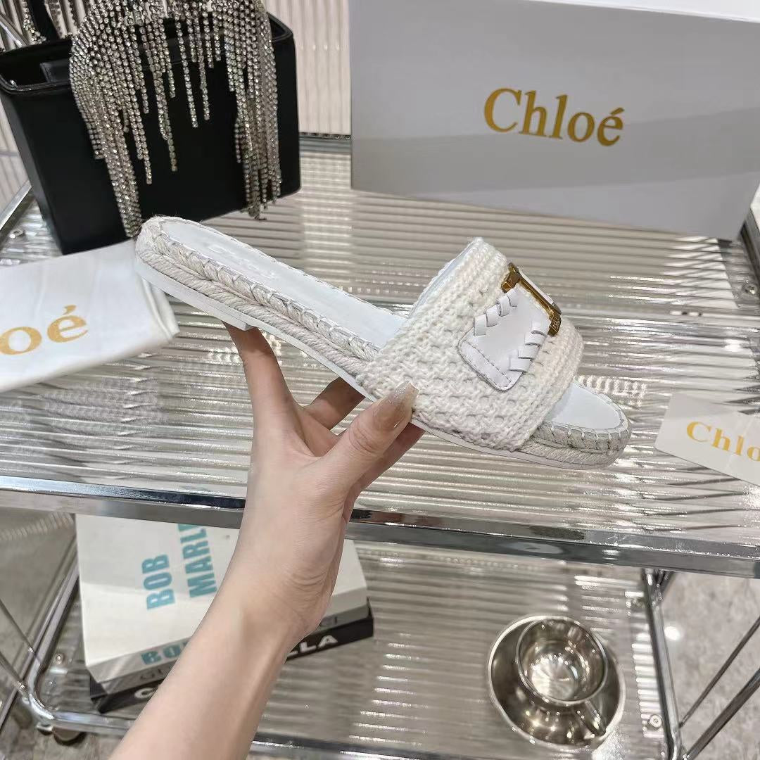 WOVEN SLIPPER IN WHITE WOOL AND LAMBSKIN GOLD HARDWARE - 35