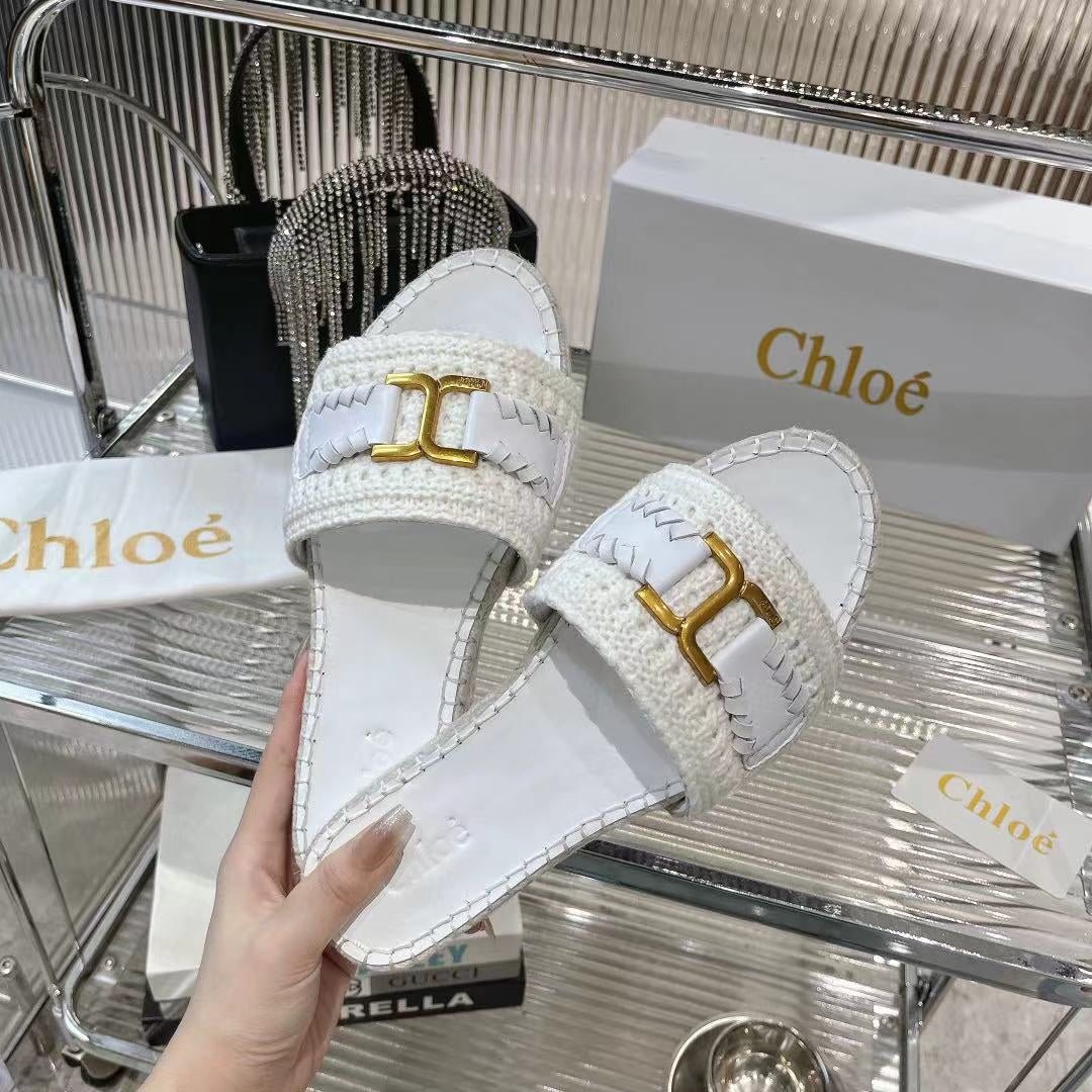WOVEN SLIPPER IN WHITE WOOL AND LAMBSKIN GOLD HARDWARE - 35