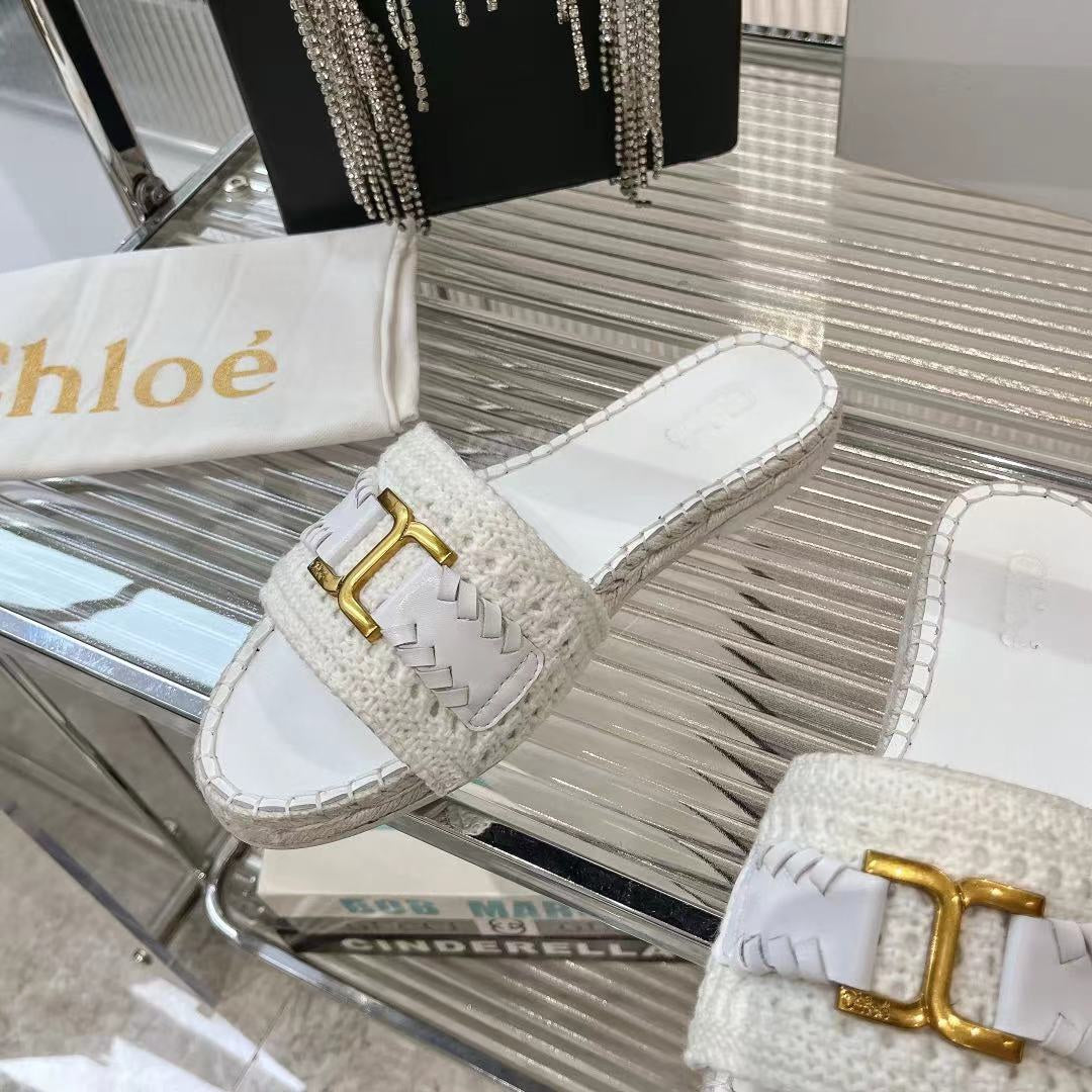 WOVEN SLIPPER IN WHITE WOOL AND LAMBSKIN GOLD HARDWARE - 35
