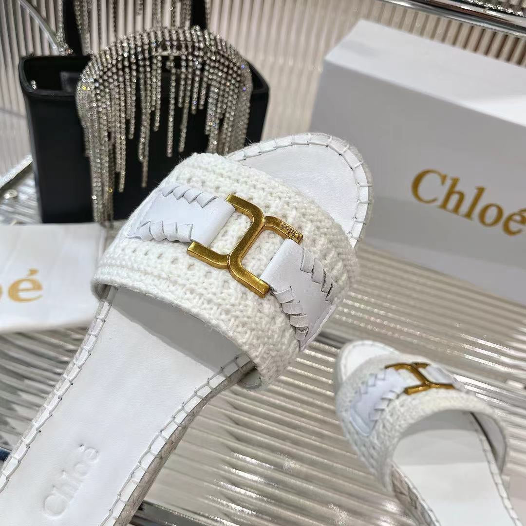 WOVEN SLIPPER IN WHITE WOOL AND LAMBSKIN GOLD HARDWARE - 35