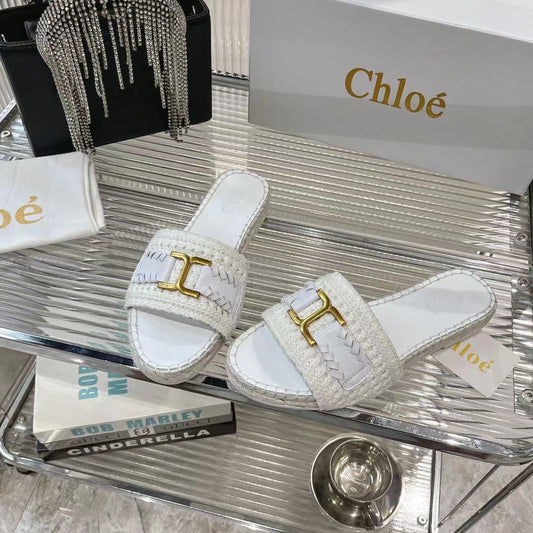 WOVEN SLIPPER IN WHITE WOOL AND LAMBSKIN GOLD HARDWARE - 35