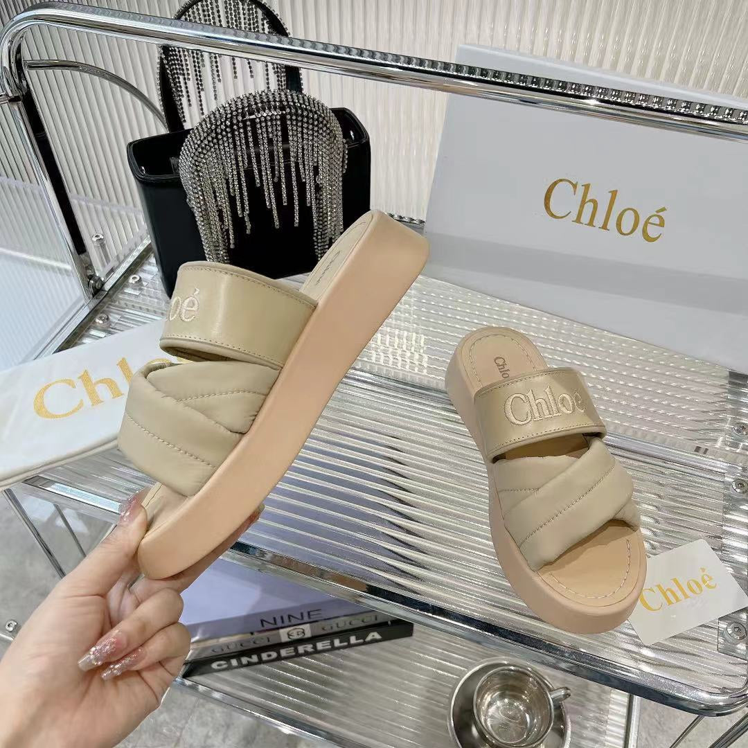 MILA FLAT SLIDES 5 CM IN BEIGE EICRU CALFSKIN AND RE-NYLON - 35
