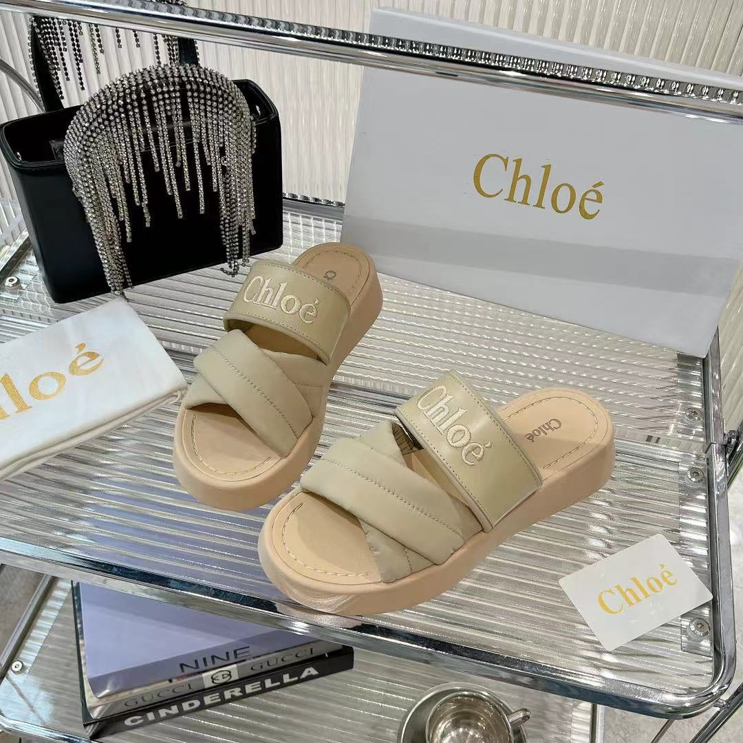 MILA FLAT SLIDES 5 CM IN BEIGE EICRU CALFSKIN AND RE-NYLON - 35