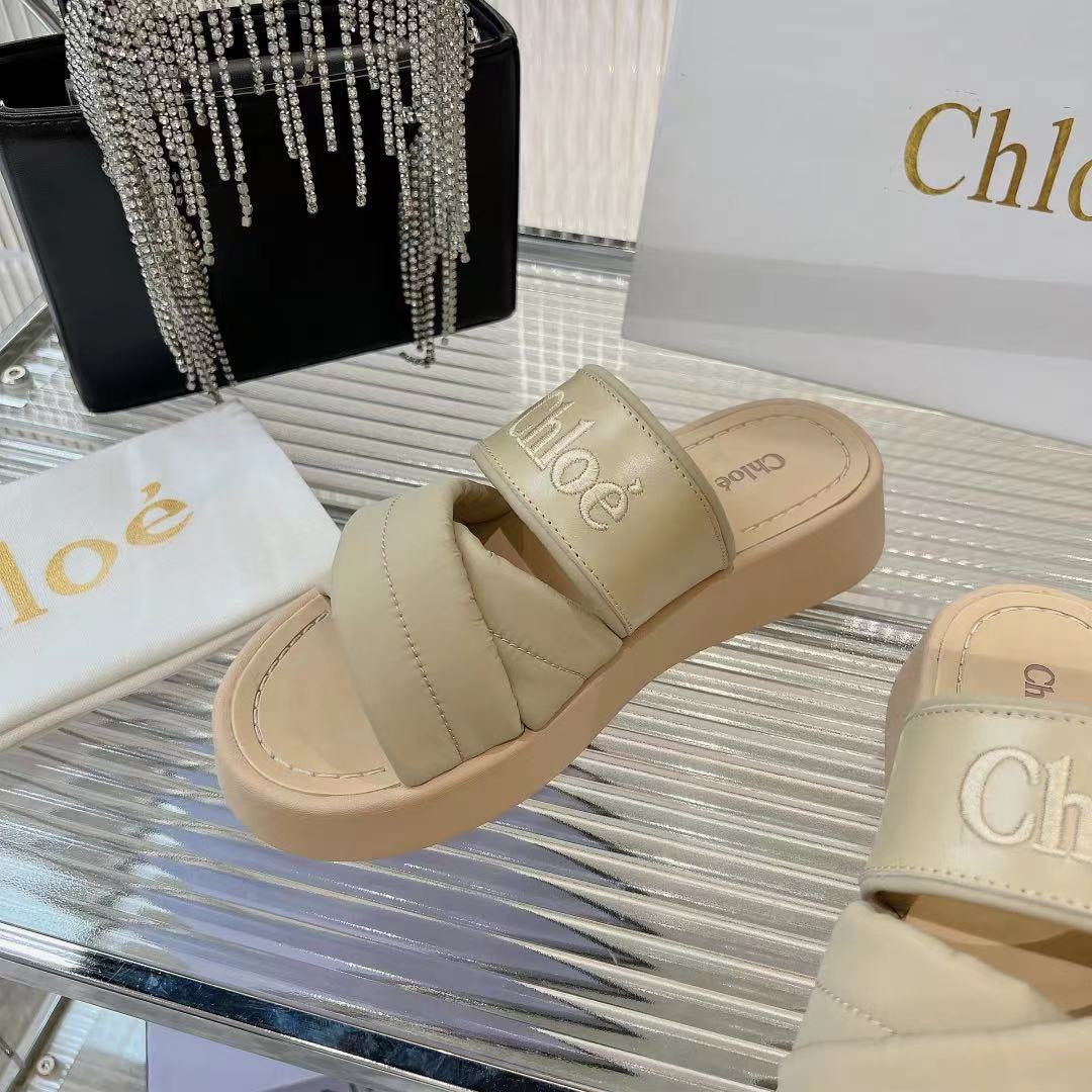 MILA FLAT SLIDES 5 CM IN BEIGE EICRU CALFSKIN AND RE-NYLON - 35