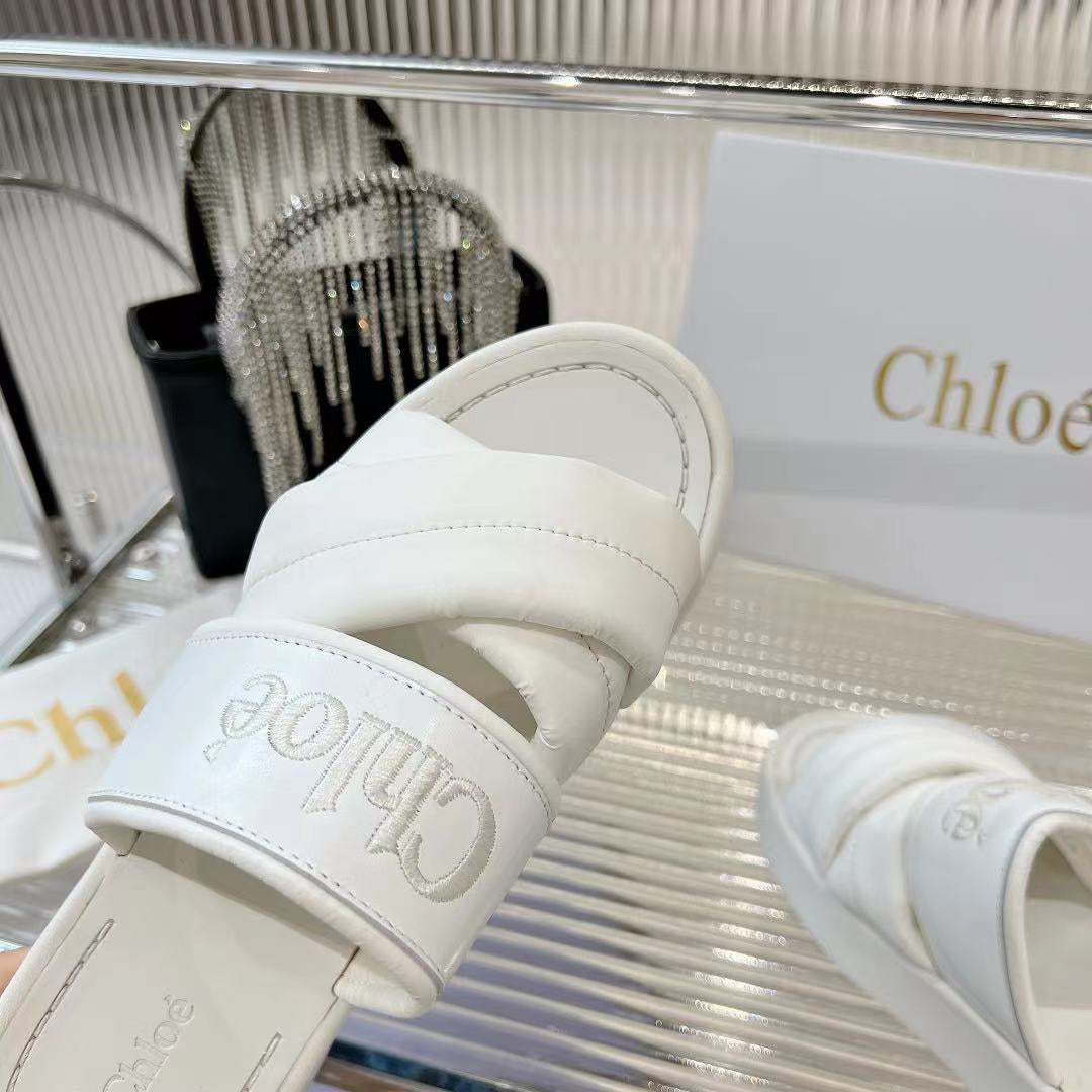 MILA FLAT SLIDES 5 CM IN WHITE CALFSKIN AND RE-NYLON - 35
