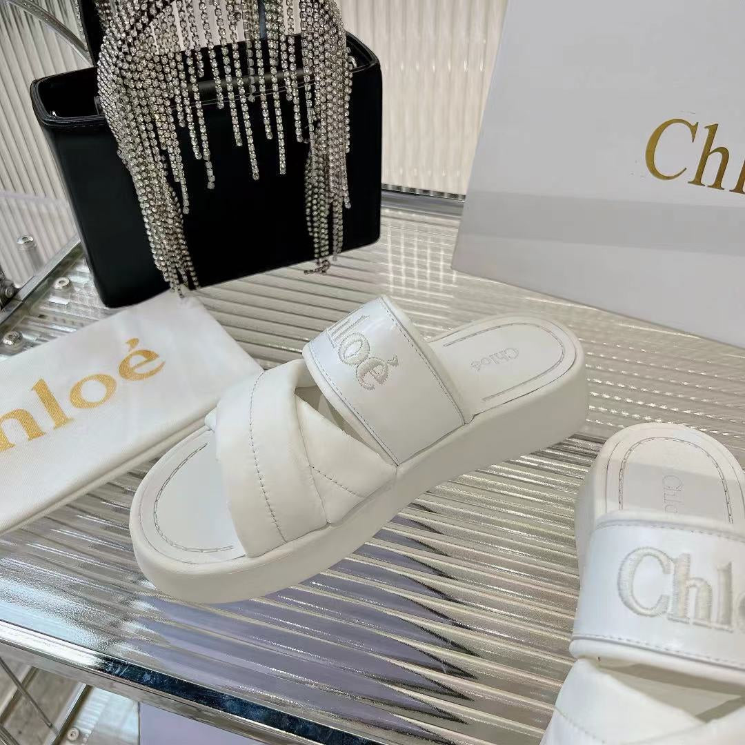 MILA FLAT SLIDES 5 CM IN WHITE CALFSKIN AND RE-NYLON - 35