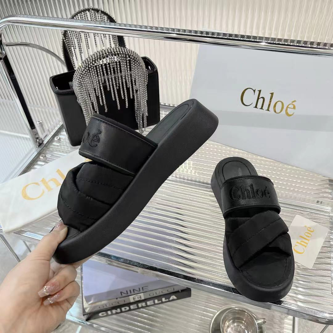 MILA FLAT SLIDES 5 CM IN BLACK CALFSKIN AND RE-NYLON - 35