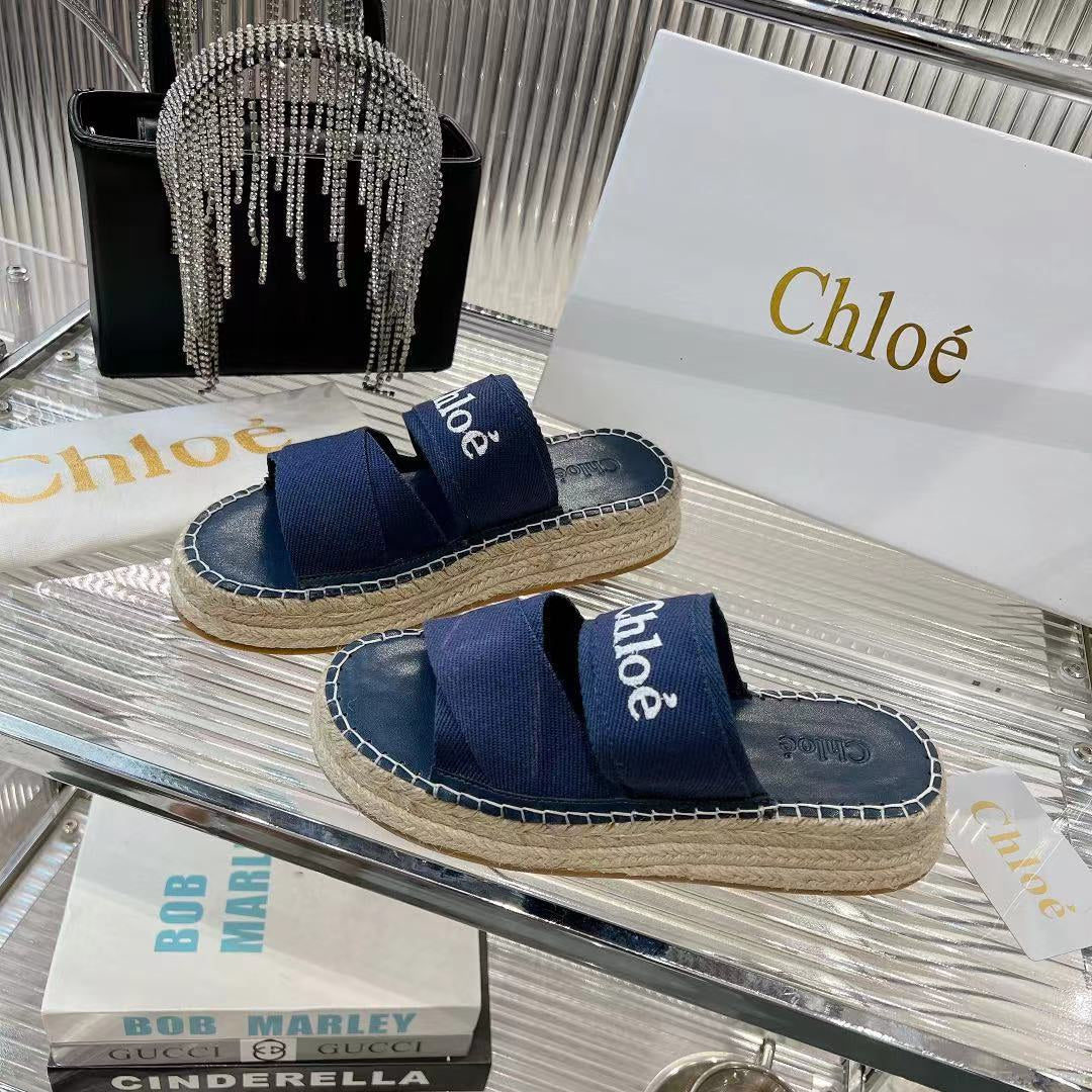 MILA PLATFORM 5 CM IN NAVY BLUE FABRIC AND BEIGE RAFFIA - 35