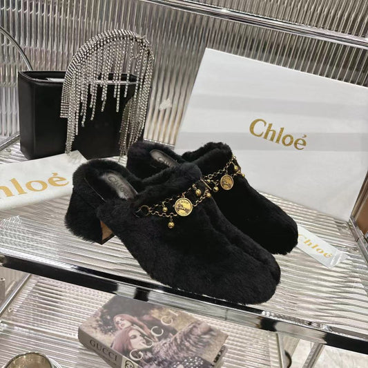 CHLOÉ 26S HIGH-HEELED MULES IN BLACK WOOL