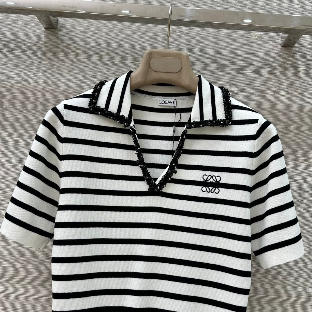 Loewe 25 Striped Knitted Polo Short-sleeved Top White Tencel