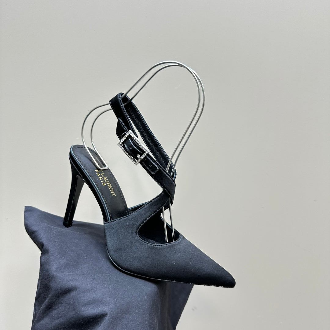 SL CROSS-STRAP SLINGBACK BLACK SATIN - 35
