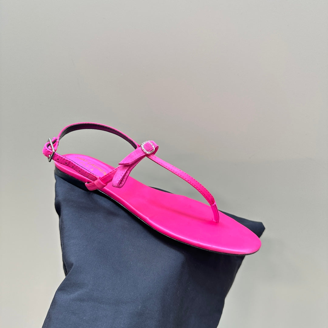 SL CRYSTAL T-STRAP FLAT SANDAL BRIGHT PINK SATIN - 35