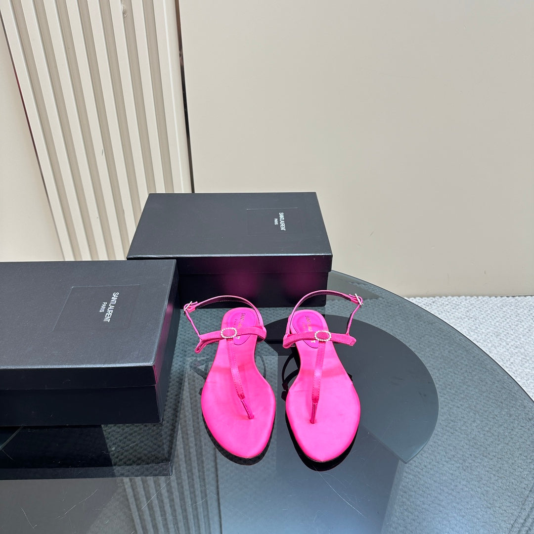 SL CRYSTAL T-STRAP FLAT SANDAL BRIGHT PINK SATIN - 35