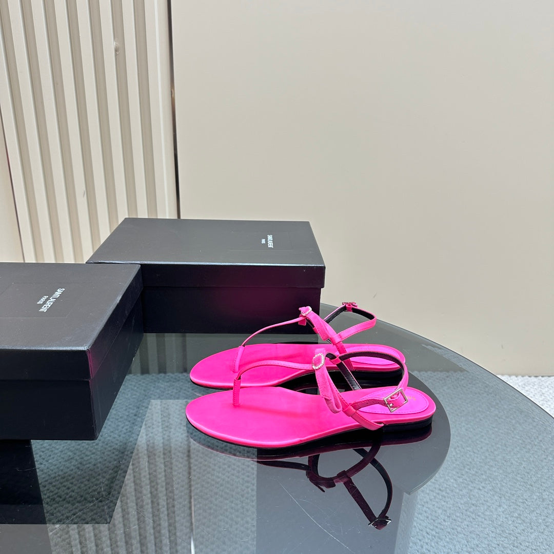 SL CRYSTAL T-STRAP FLAT SANDAL BRIGHT PINK SATIN - 35