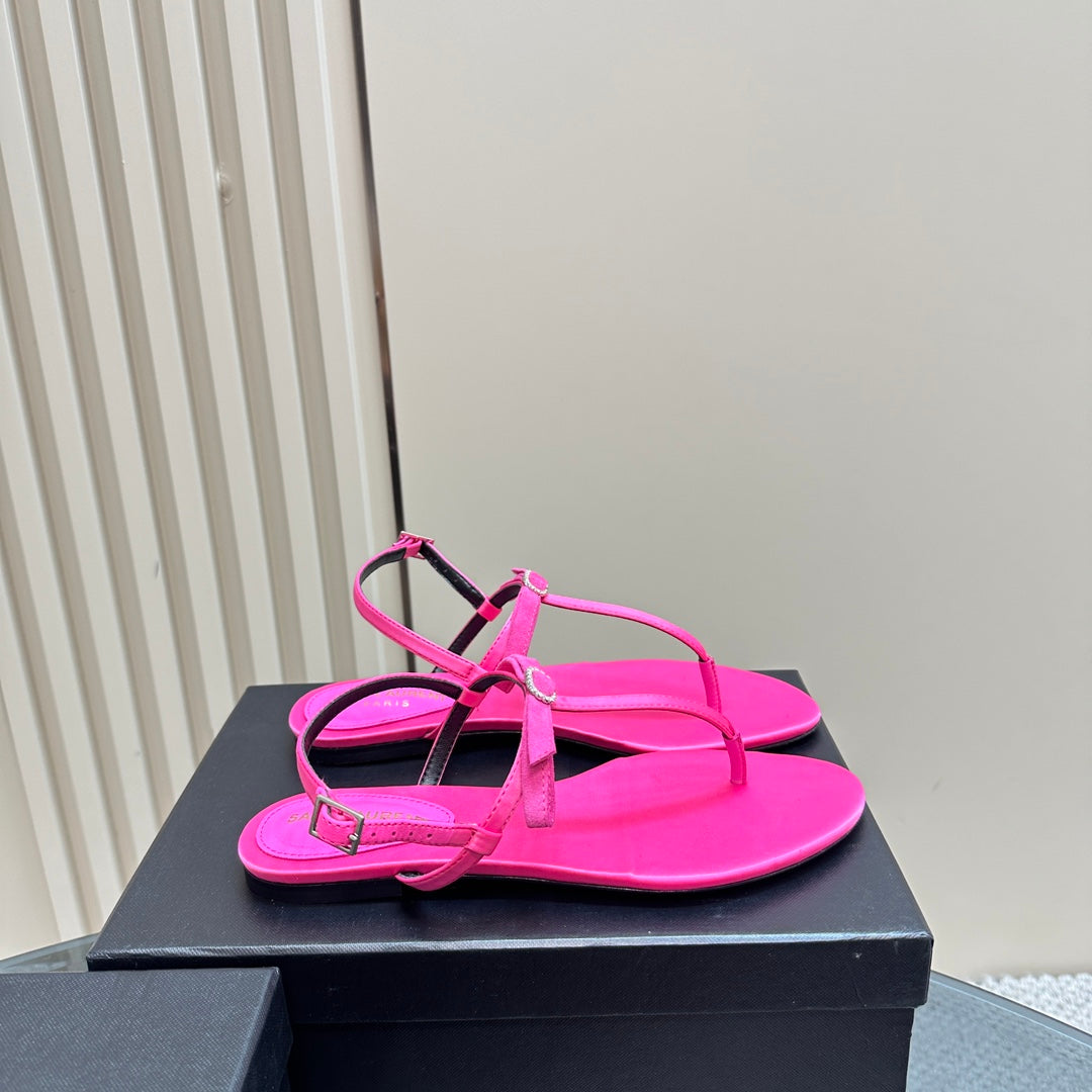 SL CRYSTAL T-STRAP FLAT SANDAL BRIGHT PINK SATIN - 35