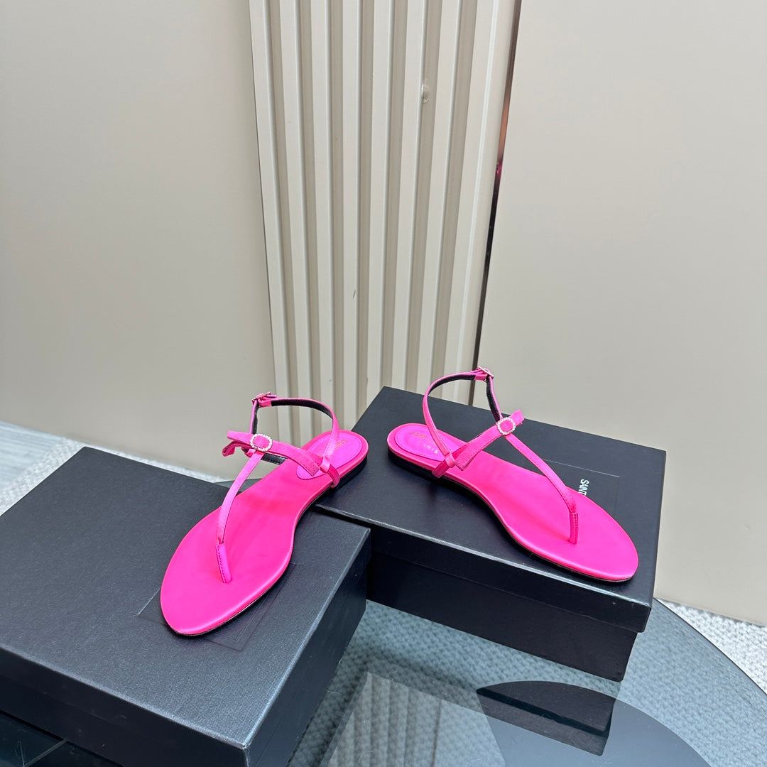 SL CRYSTAL T-STRAP FLAT SANDAL BRIGHT PINK SATIN - 35