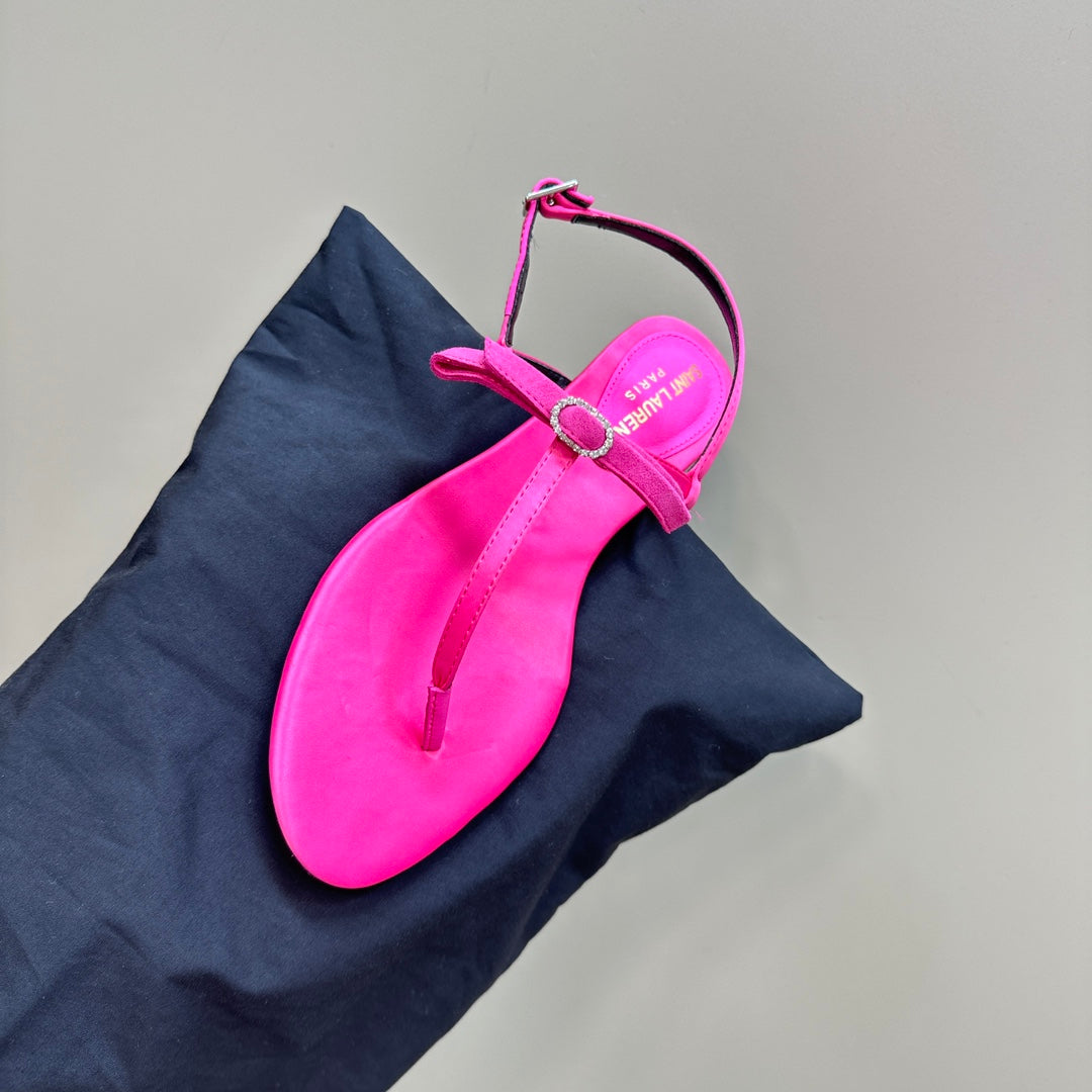SL CRYSTAL T-STRAP FLAT SANDAL BRIGHT PINK SATIN - 35