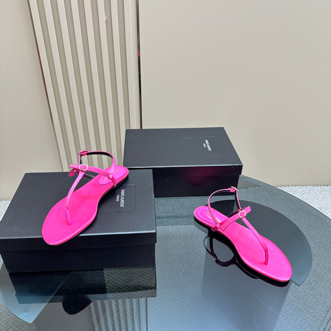 SL CRYSTAL T-STRAP FLAT SANDAL BRIGHT PINK SATIN - 35
