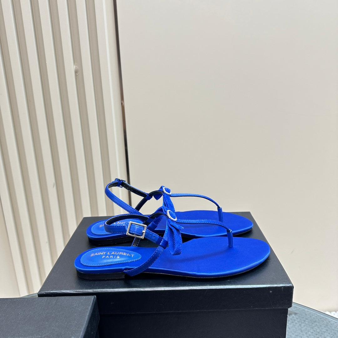 SL CRYSTAL T-STRAP FLAT SANDAL COBALT SATIN - 35