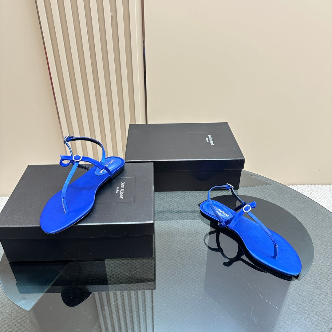 SL CRYSTAL T-STRAP FLAT SANDAL COBALT SATIN - 35