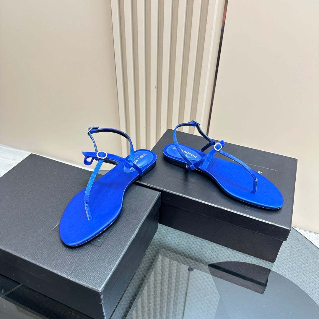 SL CRYSTAL T-STRAP FLAT SANDAL COBALT SATIN - 35