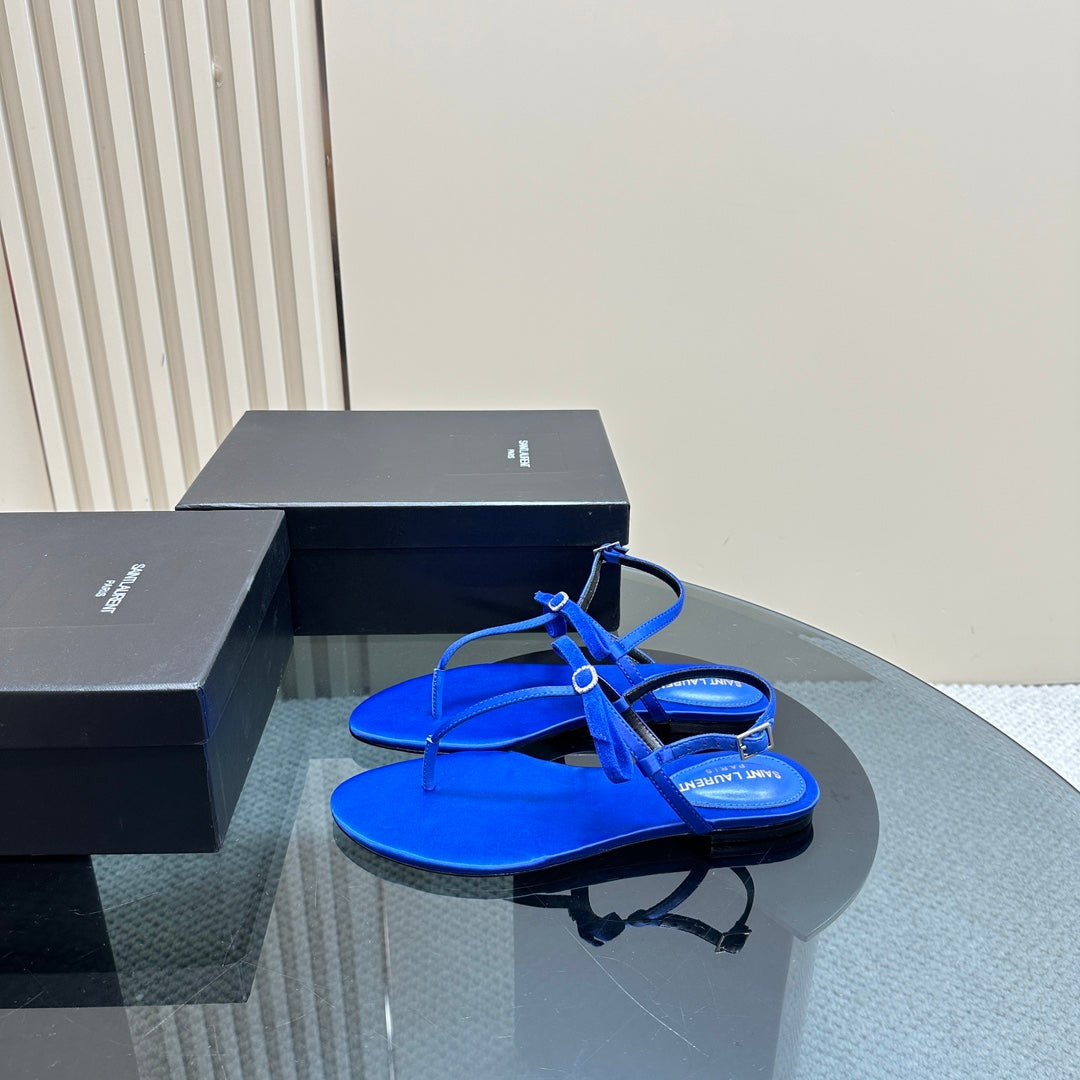 SL CRYSTAL T-STRAP FLAT SANDAL COBALT SATIN - 35