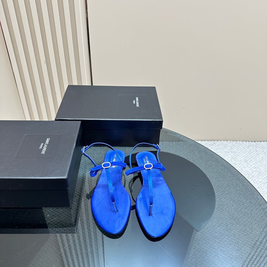 SL CRYSTAL T-STRAP FLAT SANDAL COBALT SATIN - 35