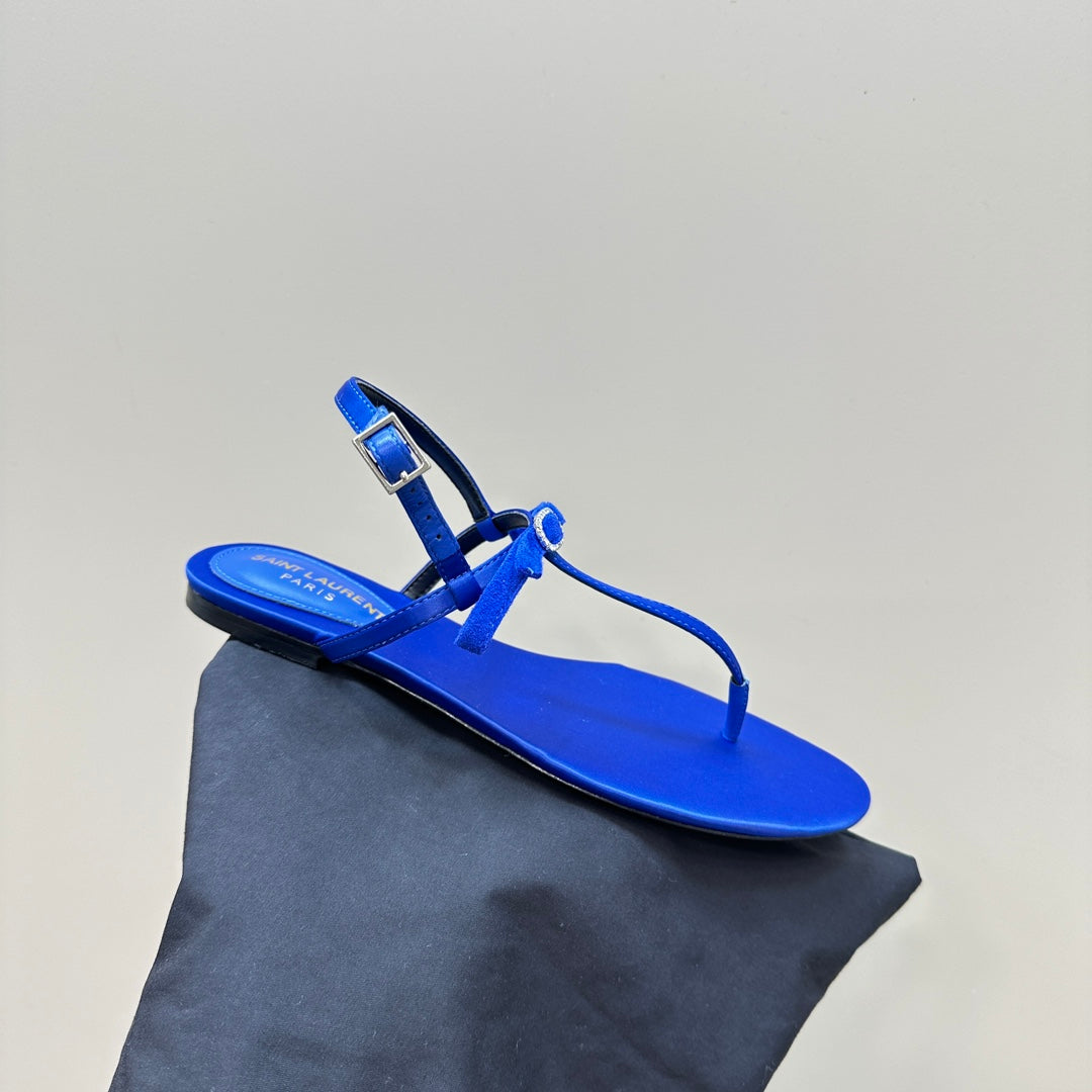 SL CRYSTAL T-STRAP FLAT SANDAL COBALT SATIN - 35