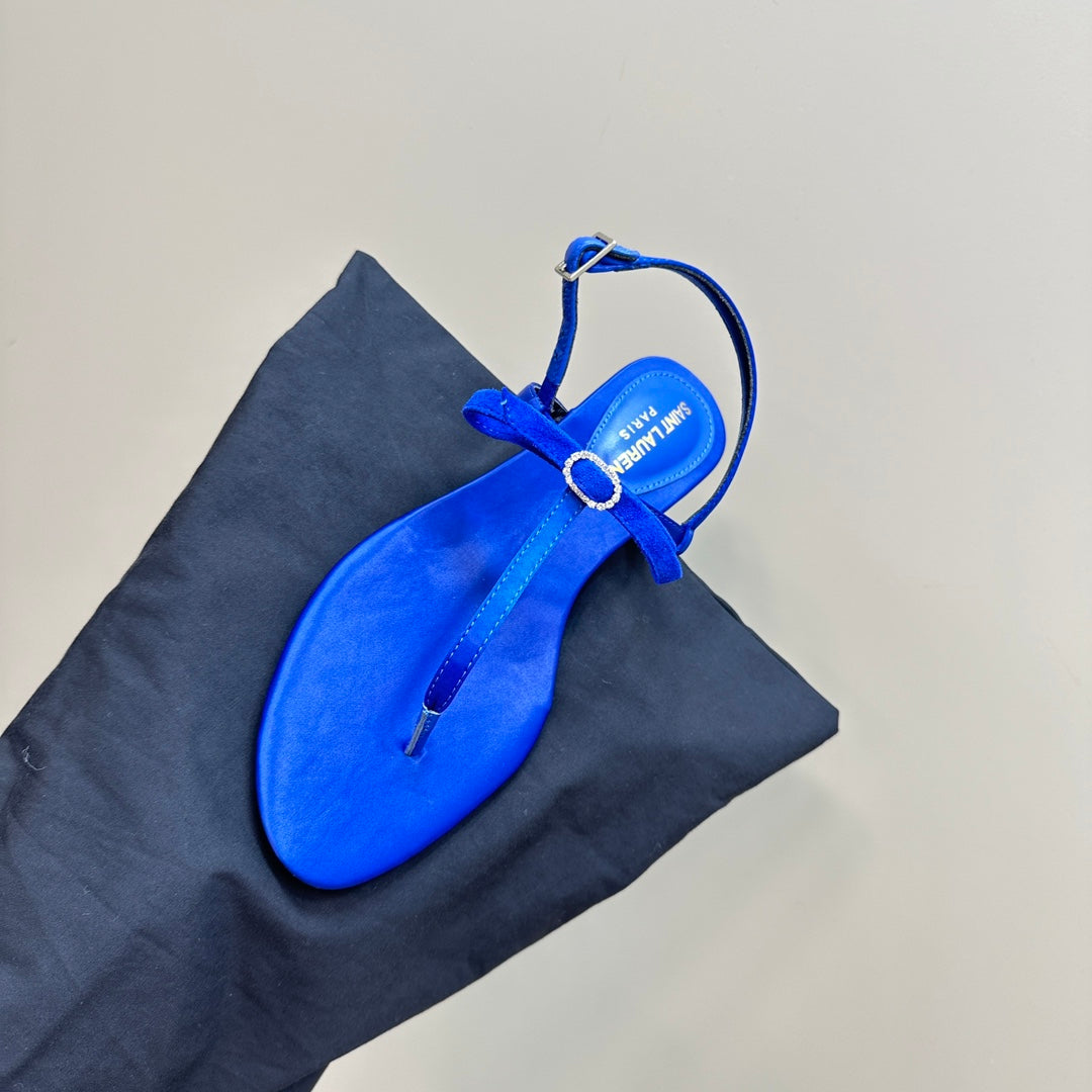 SL CRYSTAL T-STRAP FLAT SANDAL COBALT SATIN - 35