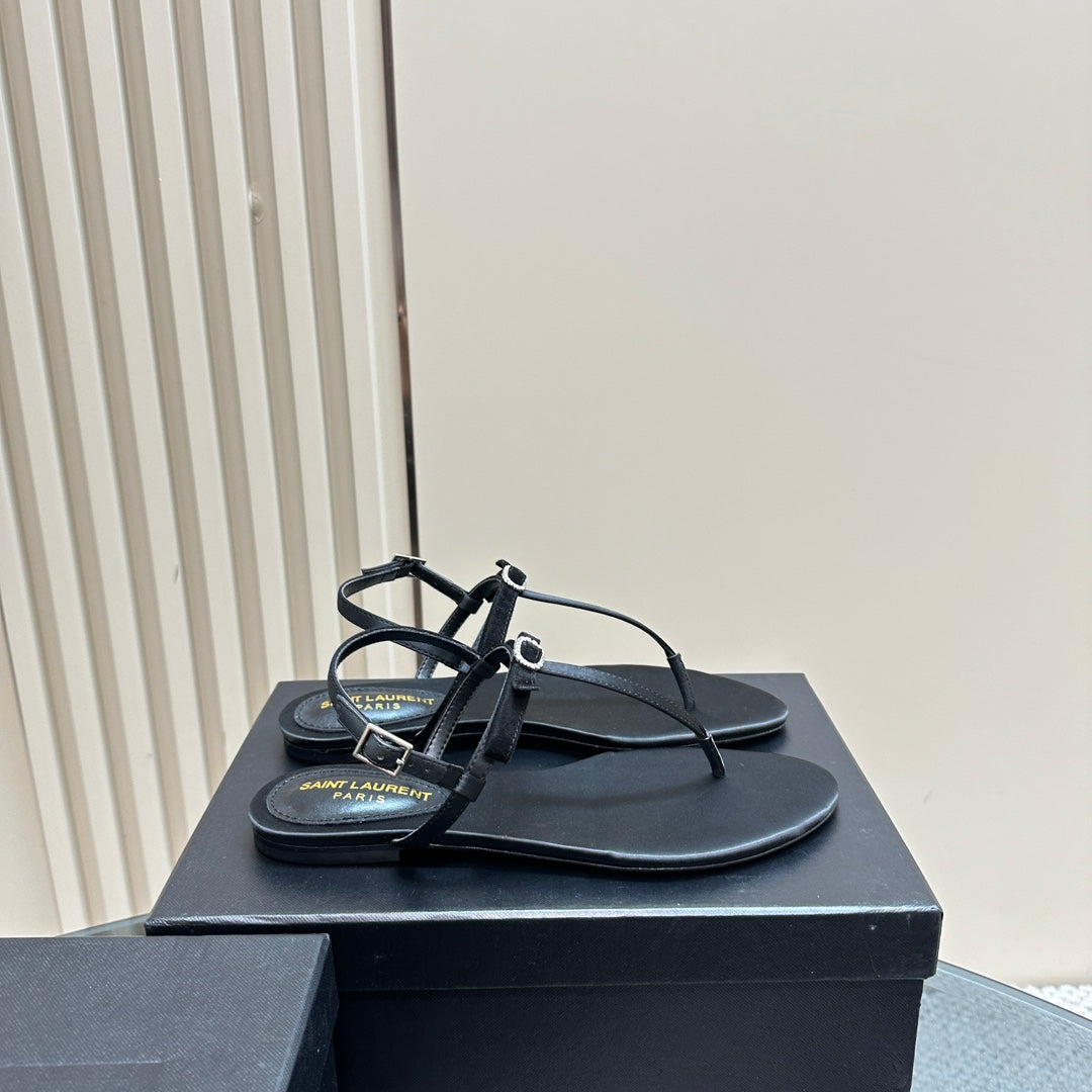 SL CRYSTAL T-STRAP FLAT SANDAL BLACK SATIN - 35