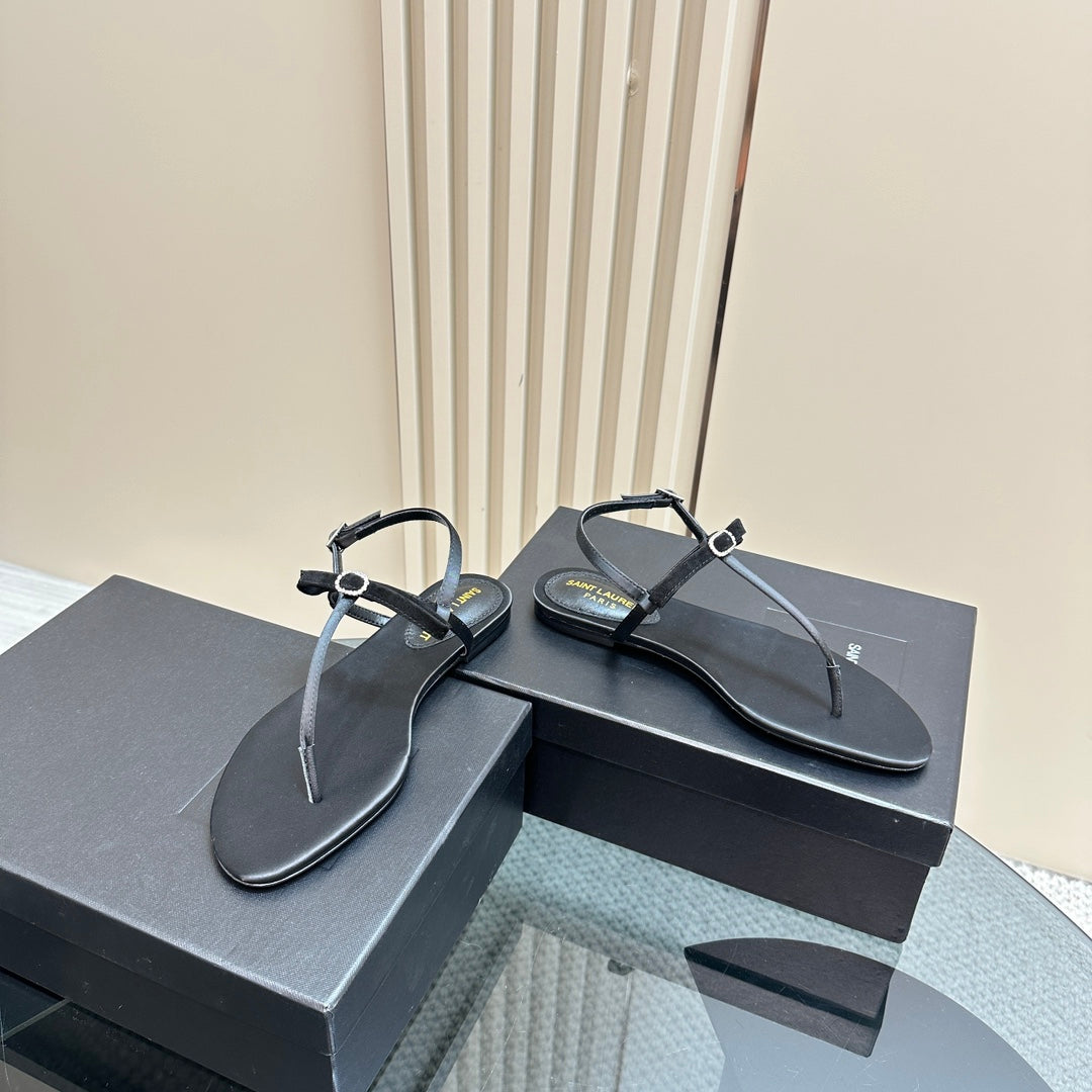 SL CRYSTAL T-STRAP FLAT SANDAL BLACK SATIN - 35