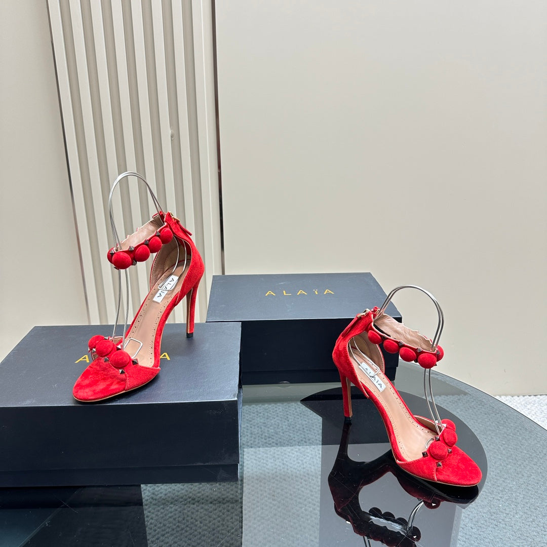 ALAIA HIGH HEEL SANDAL 10 CM IN CHERRY RED SUEDE - 35