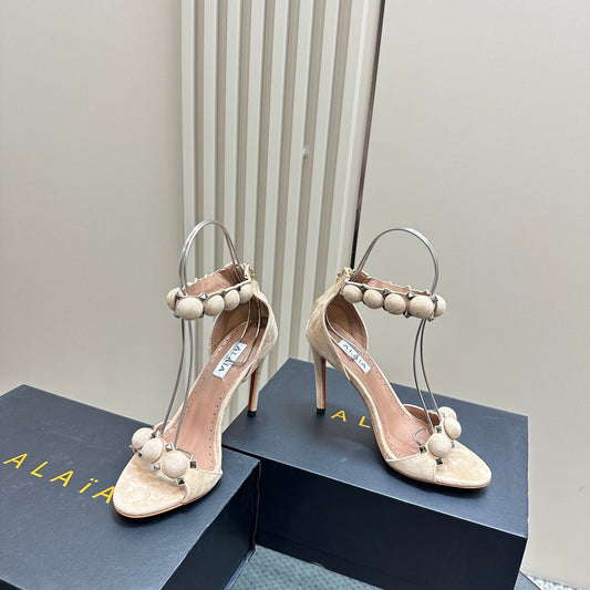 ALAIA HIGH HEEL SANDAL 10 CM IN BEIGE SUEDE - 35
