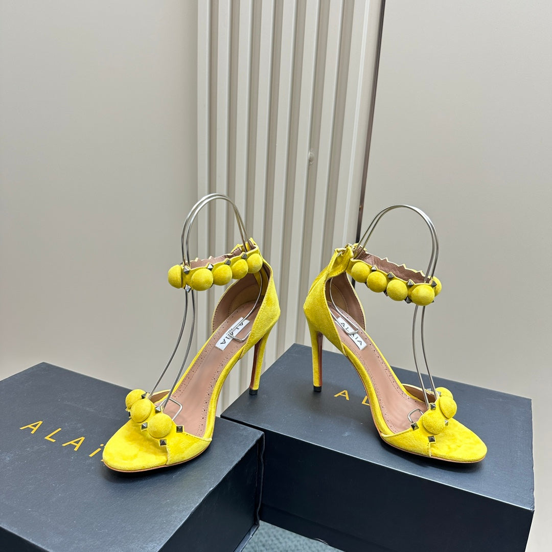 ALAIA HIGH HEEL SANDAL 10 CM IN BRIGHT YELLOW SUEDE - 35
