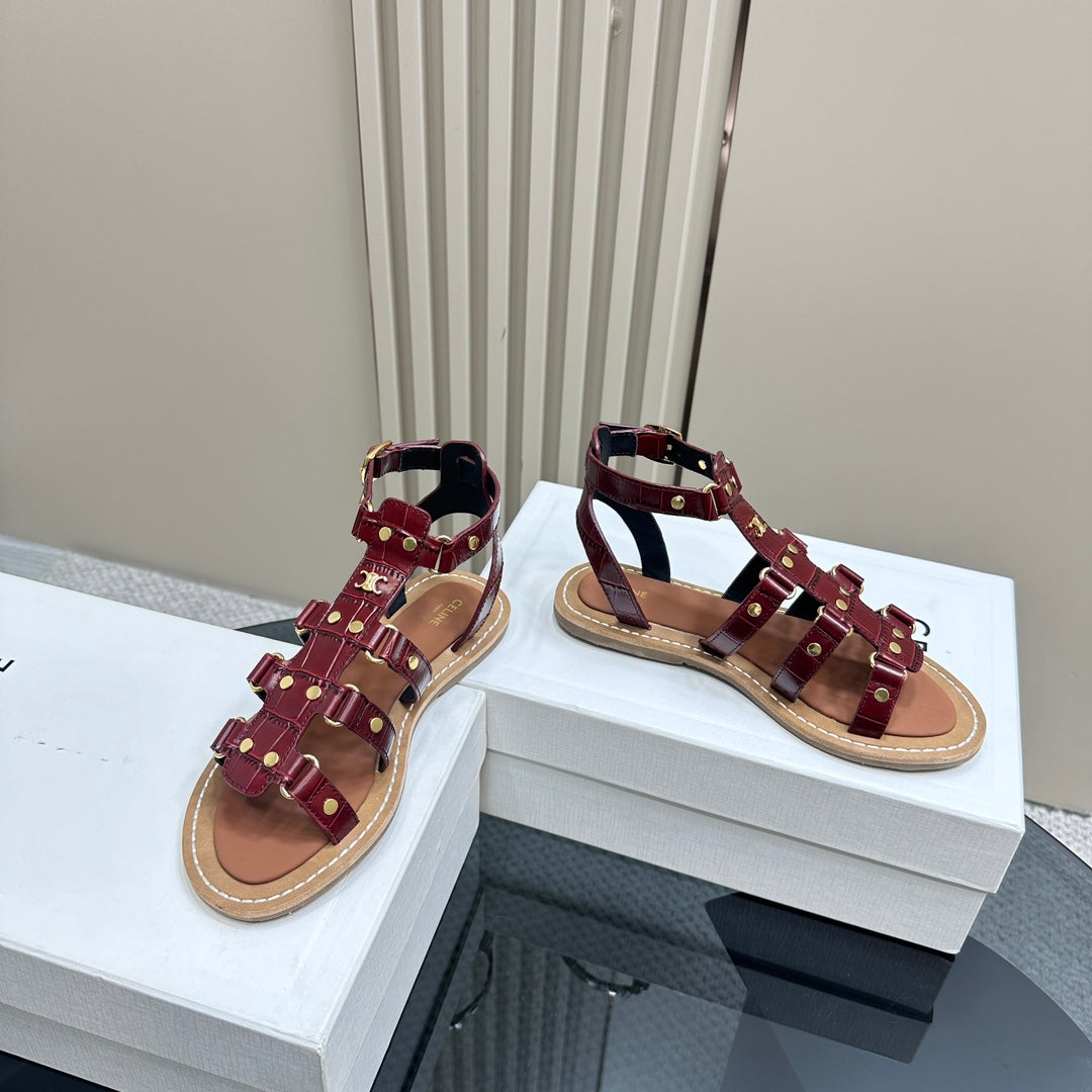 TRIUMPH FLAT SANDALS IN GARNET RED CALFSKIN - 35