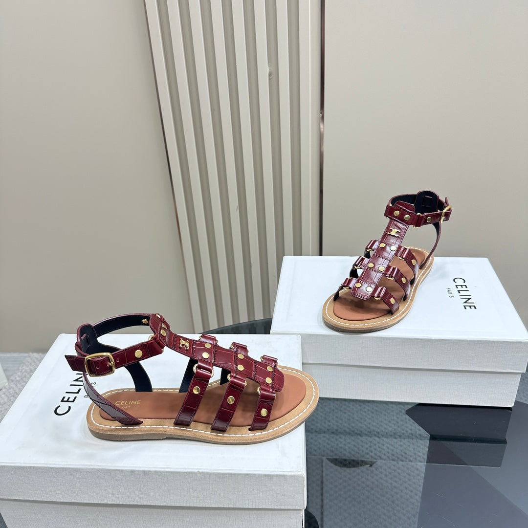 TRIUMPH FLAT SANDALS IN GARNET RED CALFSKIN - 35