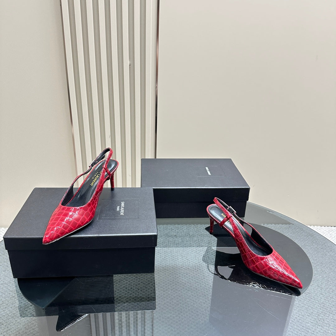 SL TRAPEZE CROCODILE MOTIF SLINGBACK PUMP RED CALFSKIN - 35