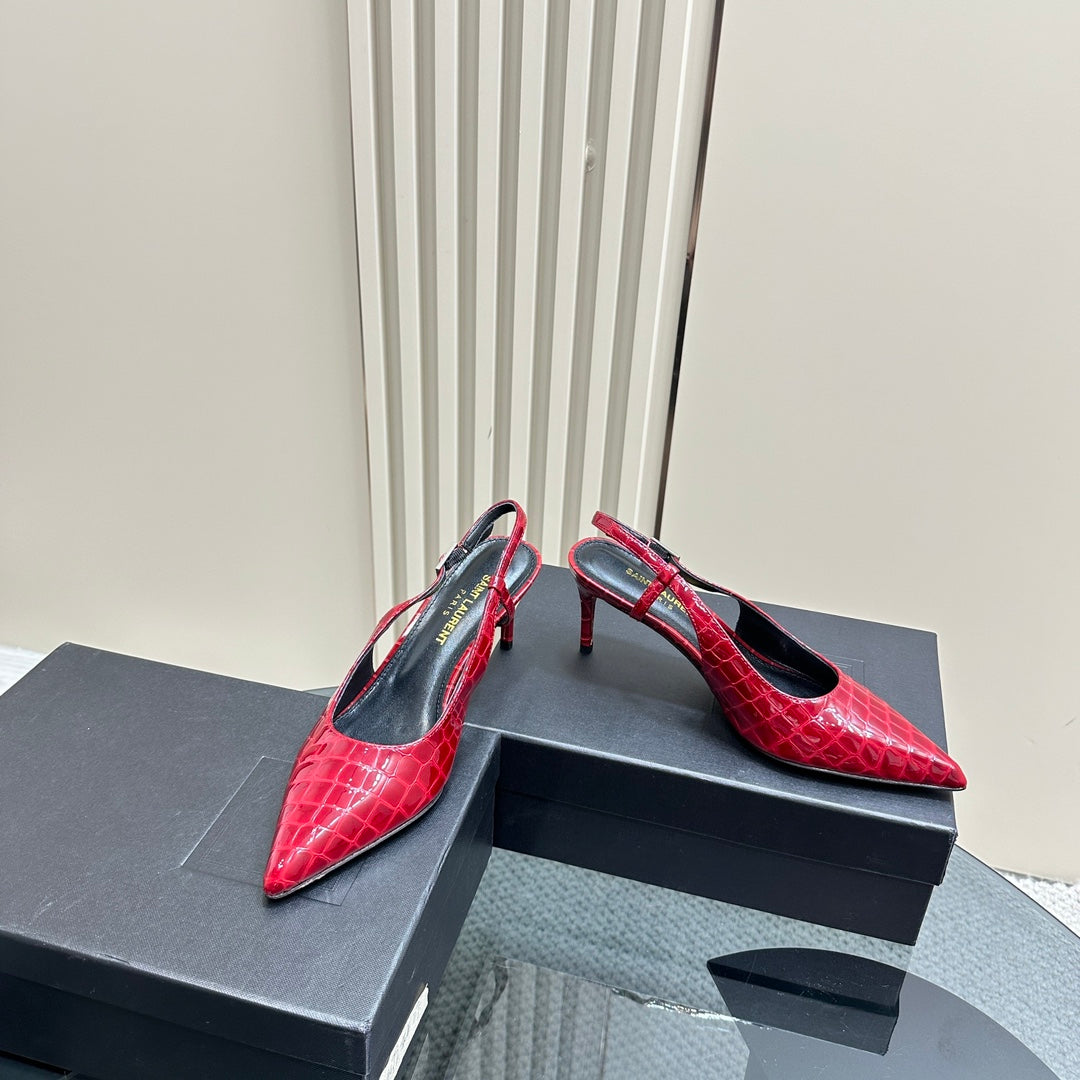 SL TRAPEZE CROCODILE MOTIF SLINGBACK PUMP RED CALFSKIN - 35